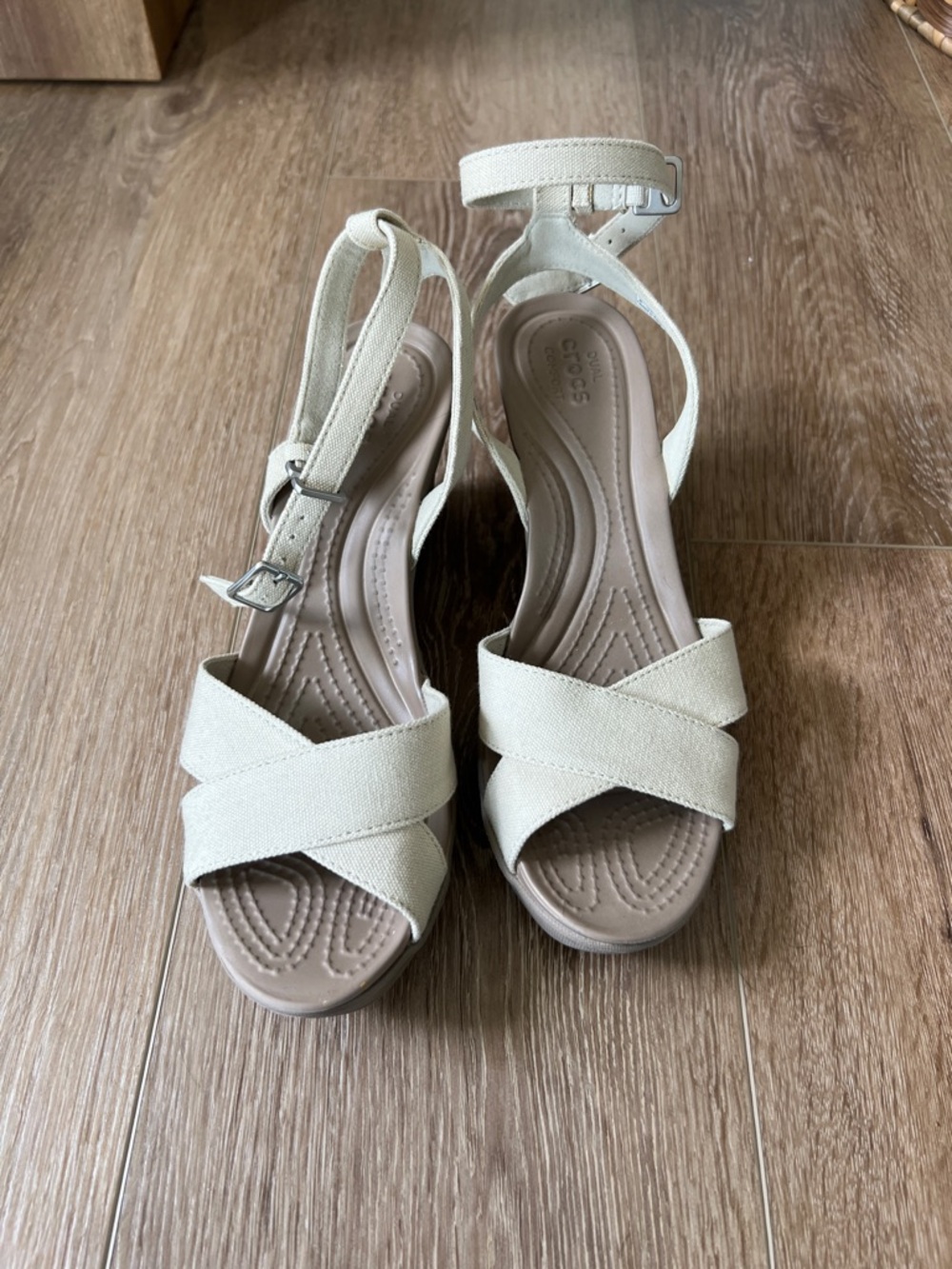 CROCS Beige Crisscross Ankle-Strap Heels